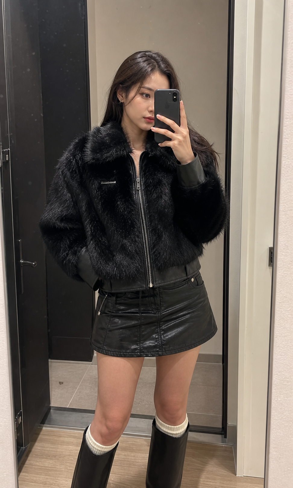 Black Faux Fur Bomber Jacket showcase 2