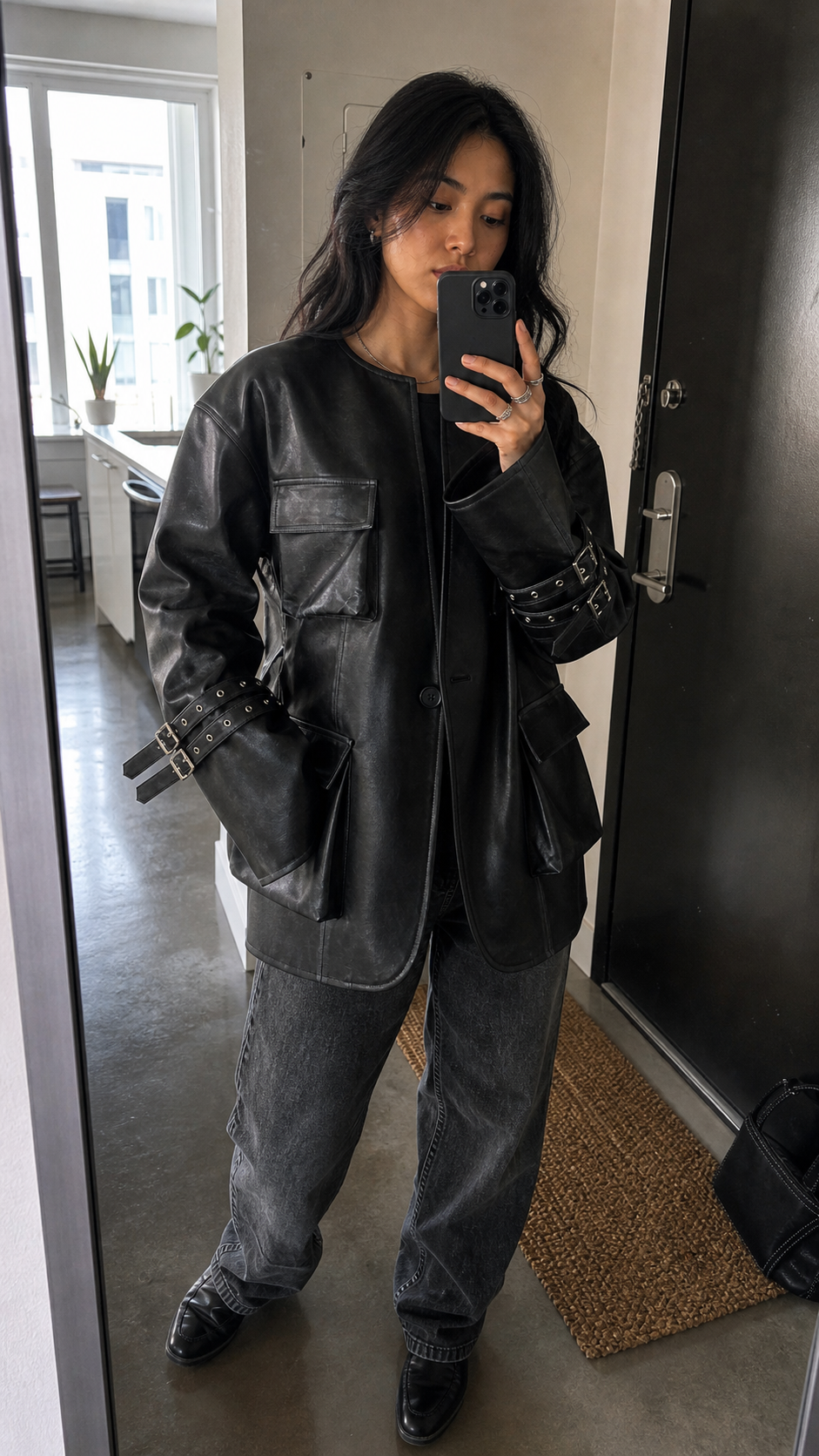 Vintage Pu Leather 3D Pocket No-Collar Jacket showcase 2