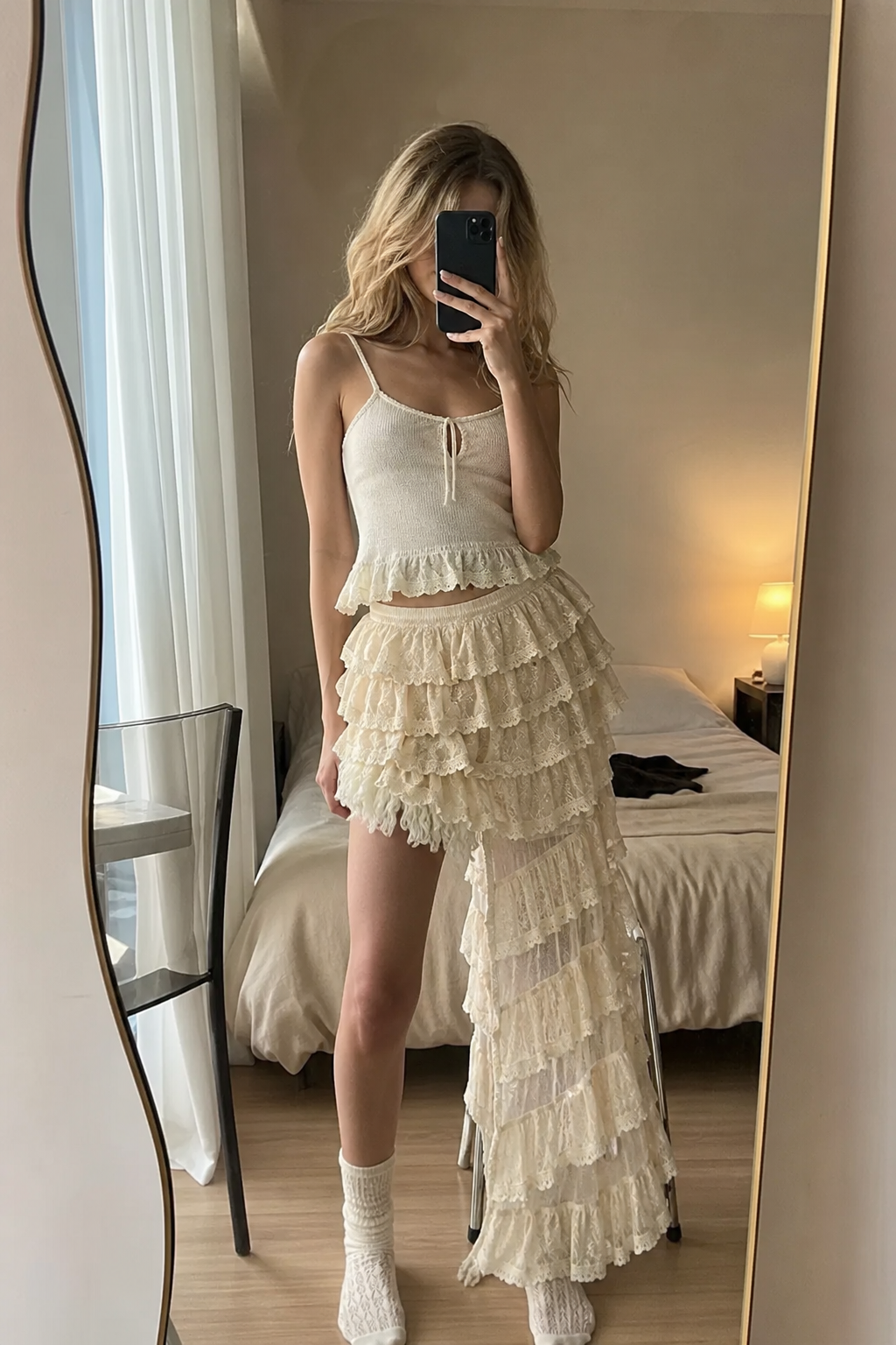 Ivory Lace Tiered Ruffle Skirt showcase 2