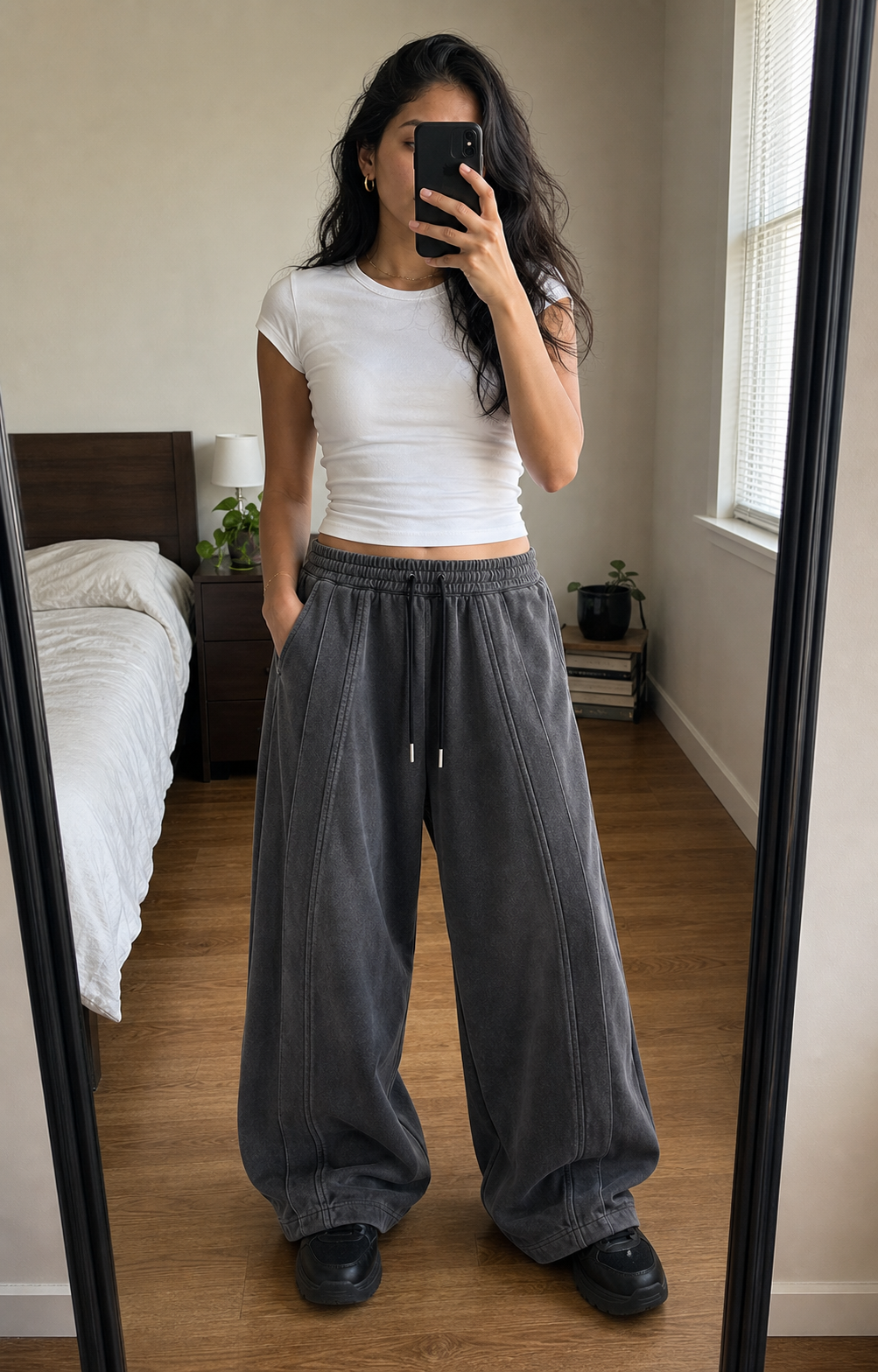 Wide-Leg Washed Drawstring Pants showcase 2