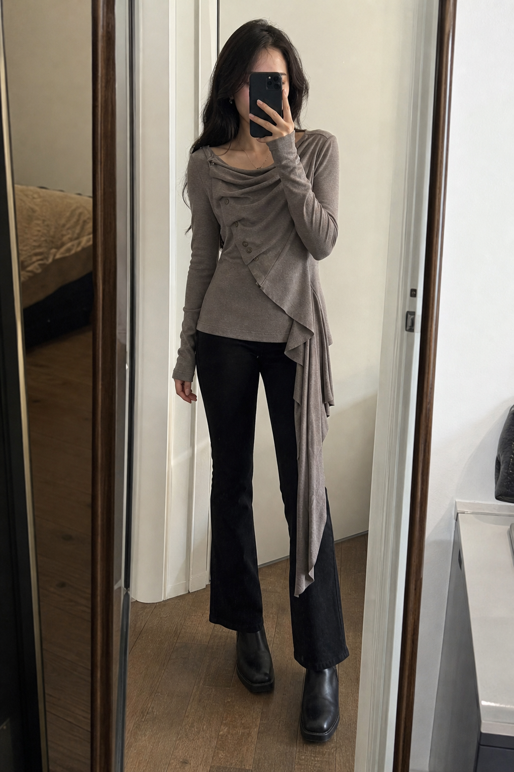 Taupe Draped Asymmetric Tie Top showcase 2