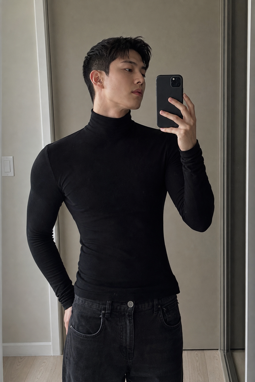 Black Mock Neck Long Sleeve Fitted Top showcase 2