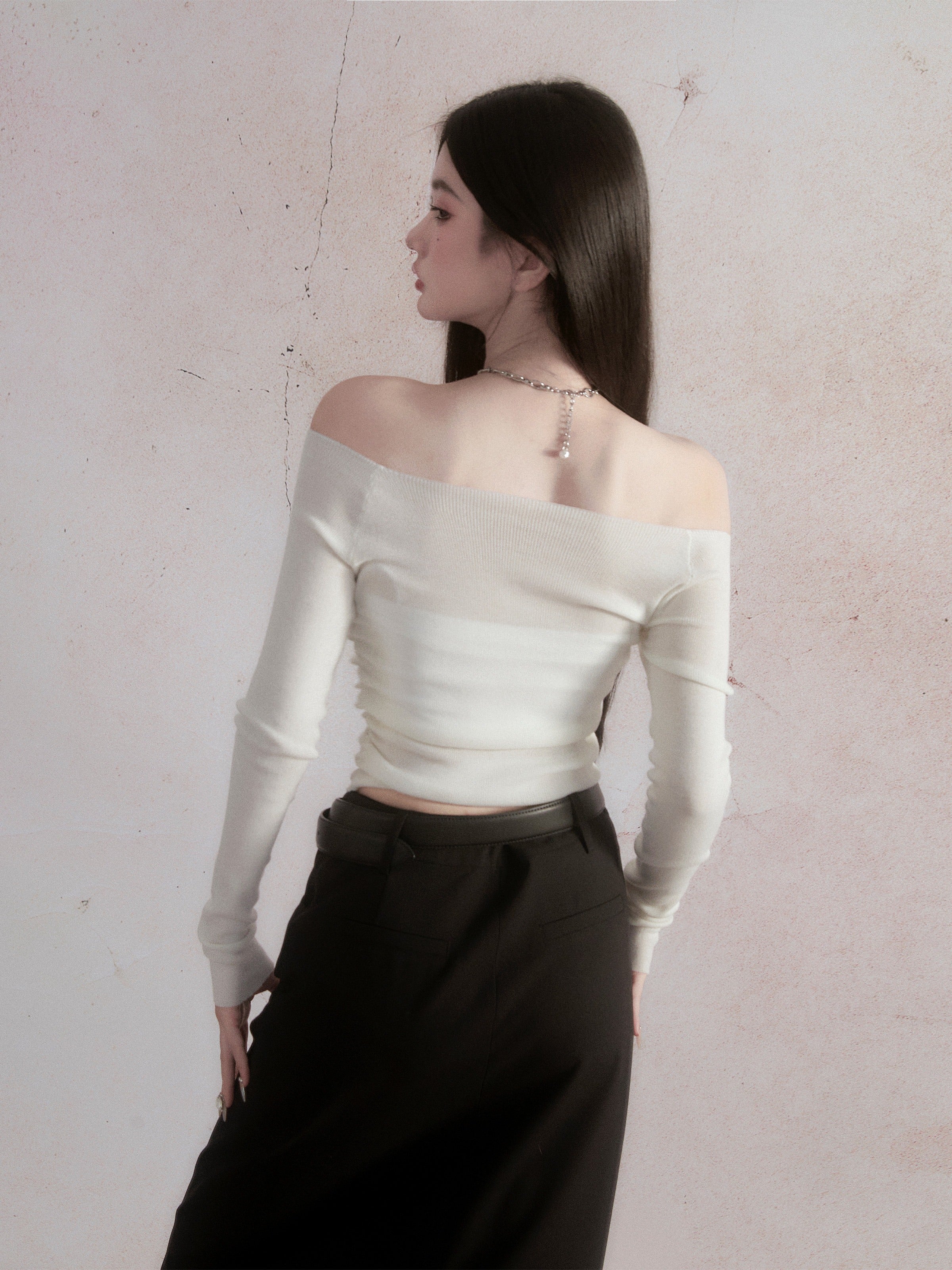 Off-Shoulder Long Sleeve Crop Top Duo