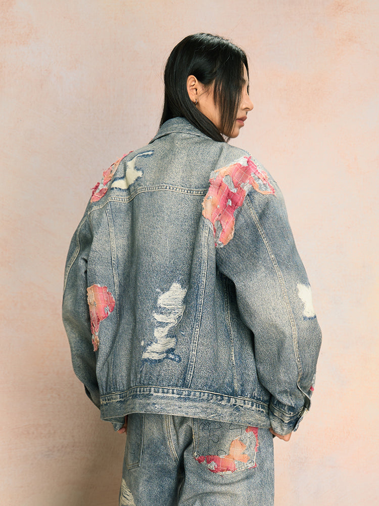 Elegant Evening Lace Printed Patchwork Denim Jacket - chiclara