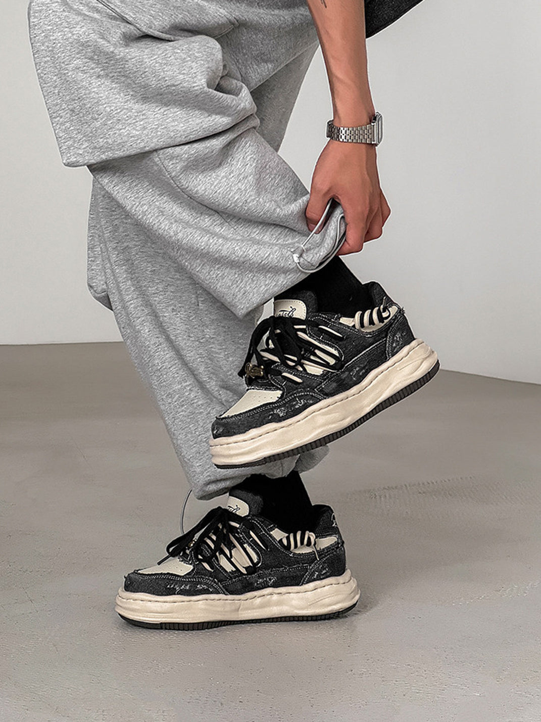 Retro Distressed Denim Wavy Sole Sneakers