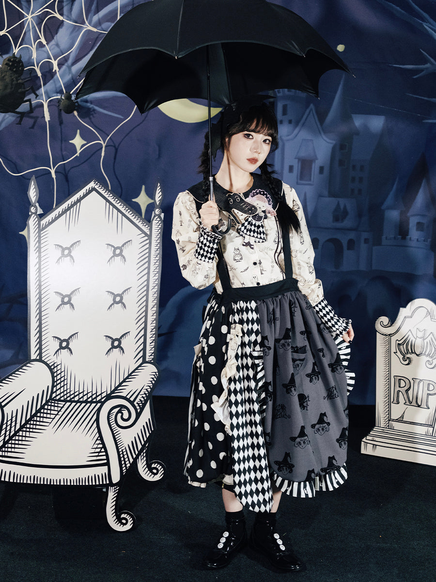 Monochrome Witch Mixed Pattern Suspender Skirt