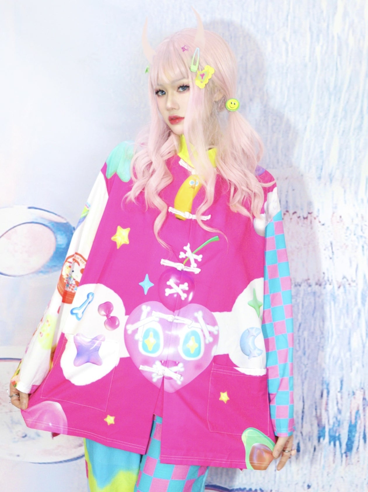 Checkered Sleeve Pink Skull Toggle Shirt
