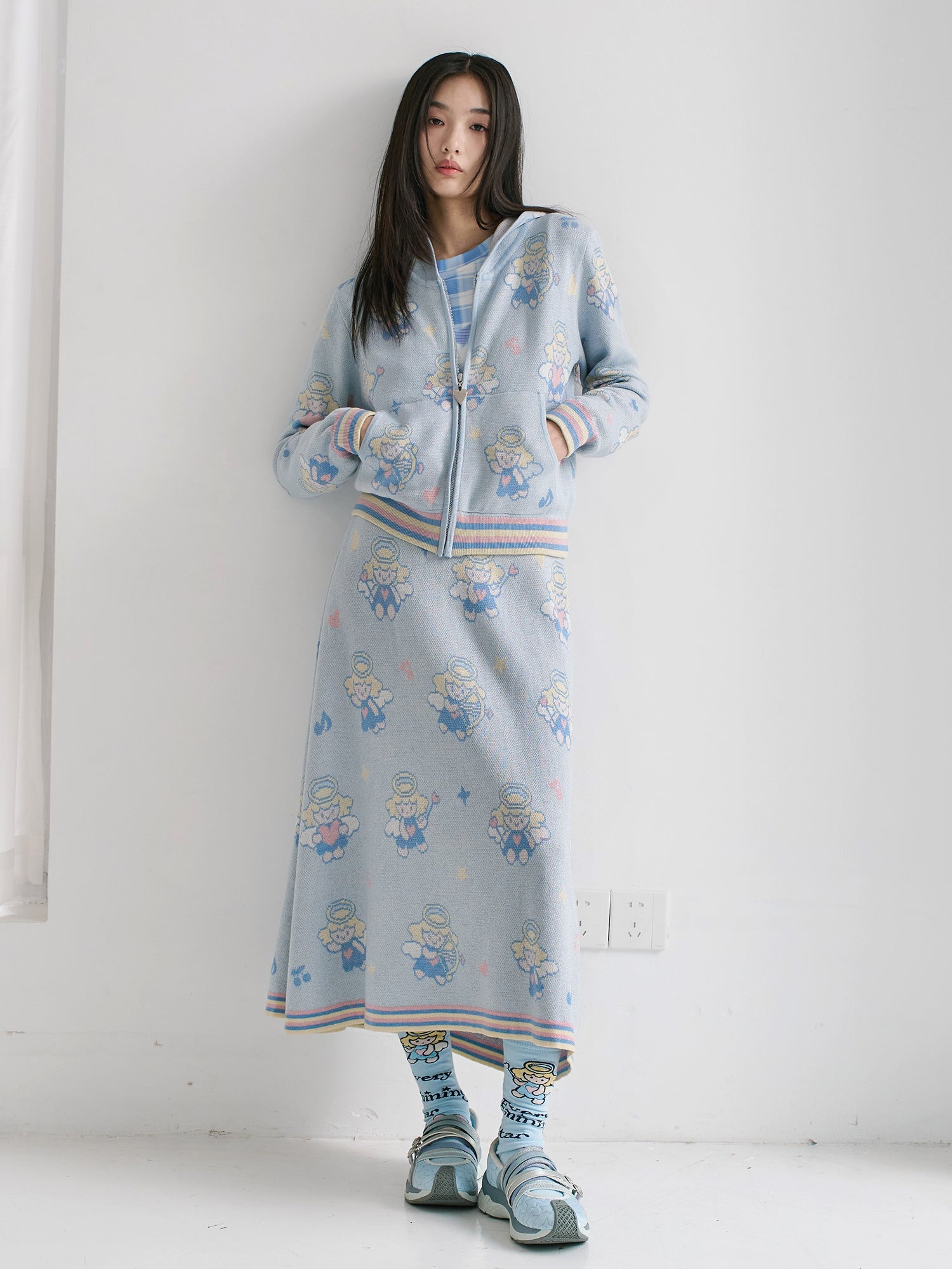 Angel Print Knit Jacket and Skirt Set