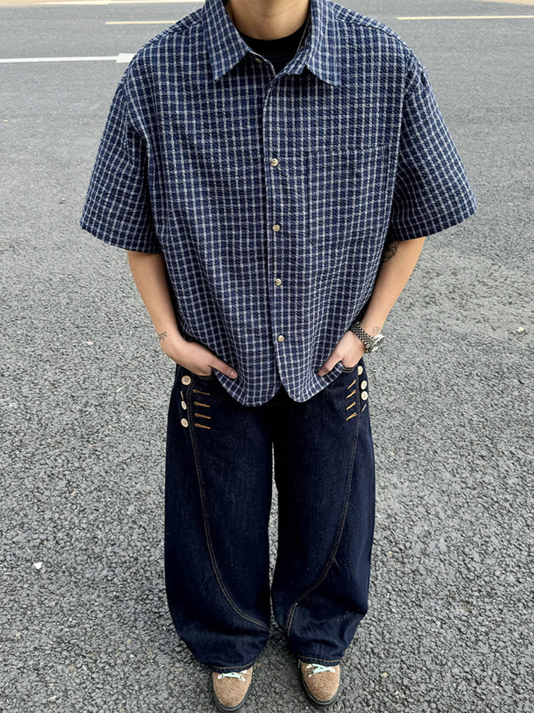 Oversized Short Sleeve Plaid Shirt