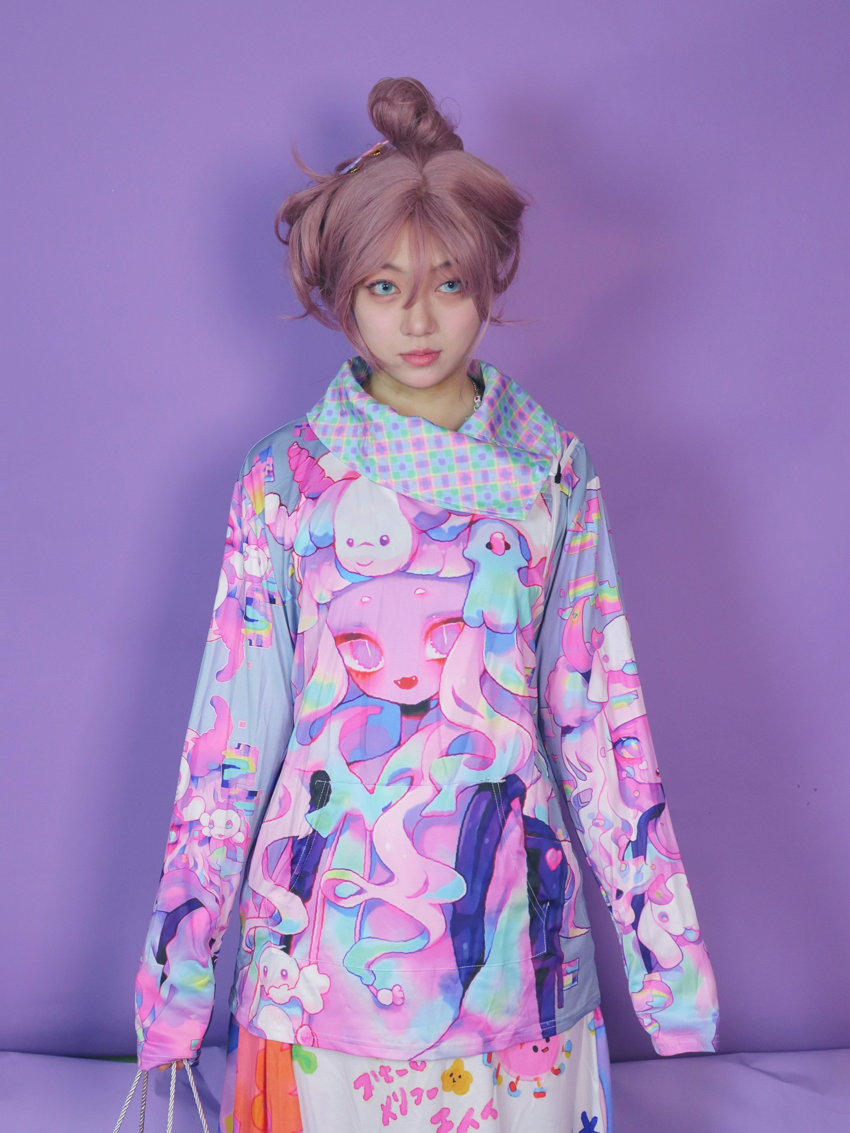 Kawaii Print Mesh Collar Sweatshirt