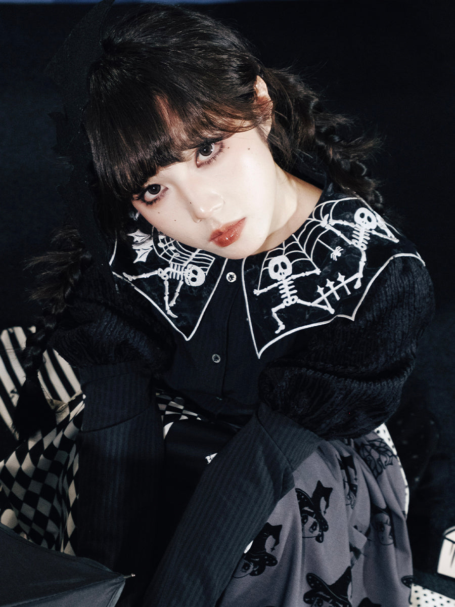 Dancing Skeleton Collar Ribbed Blouse