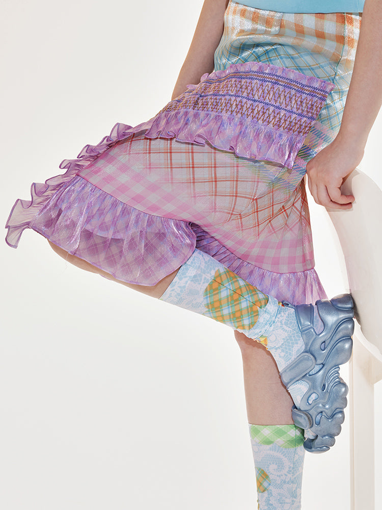 Pastel Plaid Ruffle Asymmetric Midi Skirt