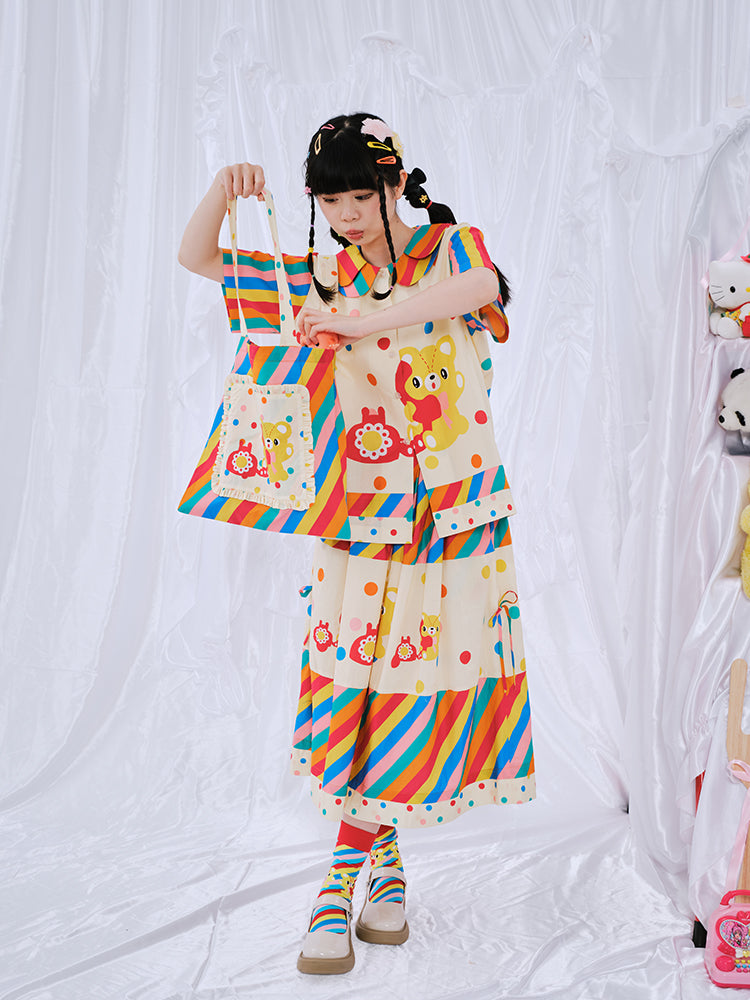 Rainbow Striped Bear Canvas Tote Bag