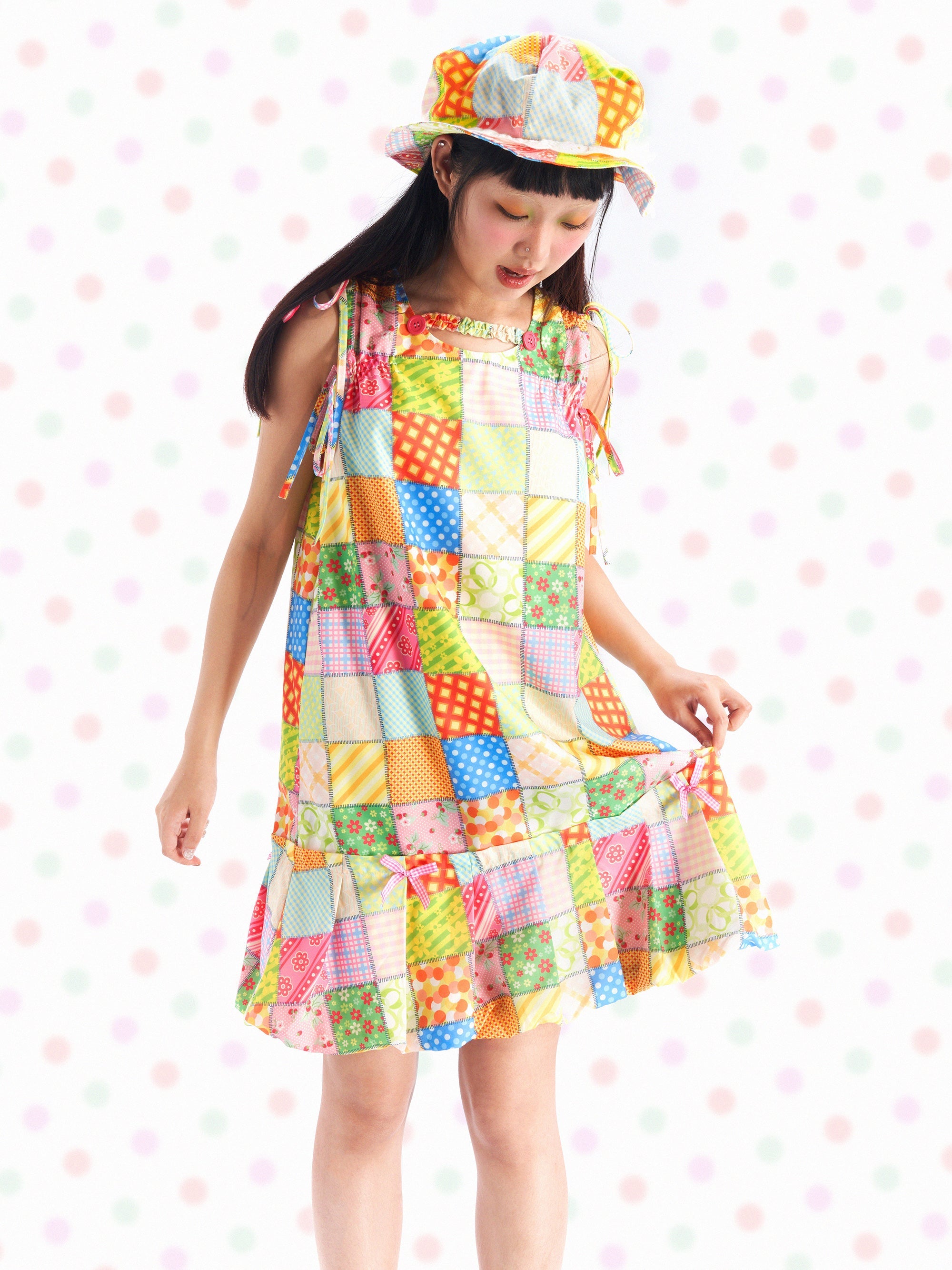 Pastel Patchwork Summer Tie Shoulder Dress