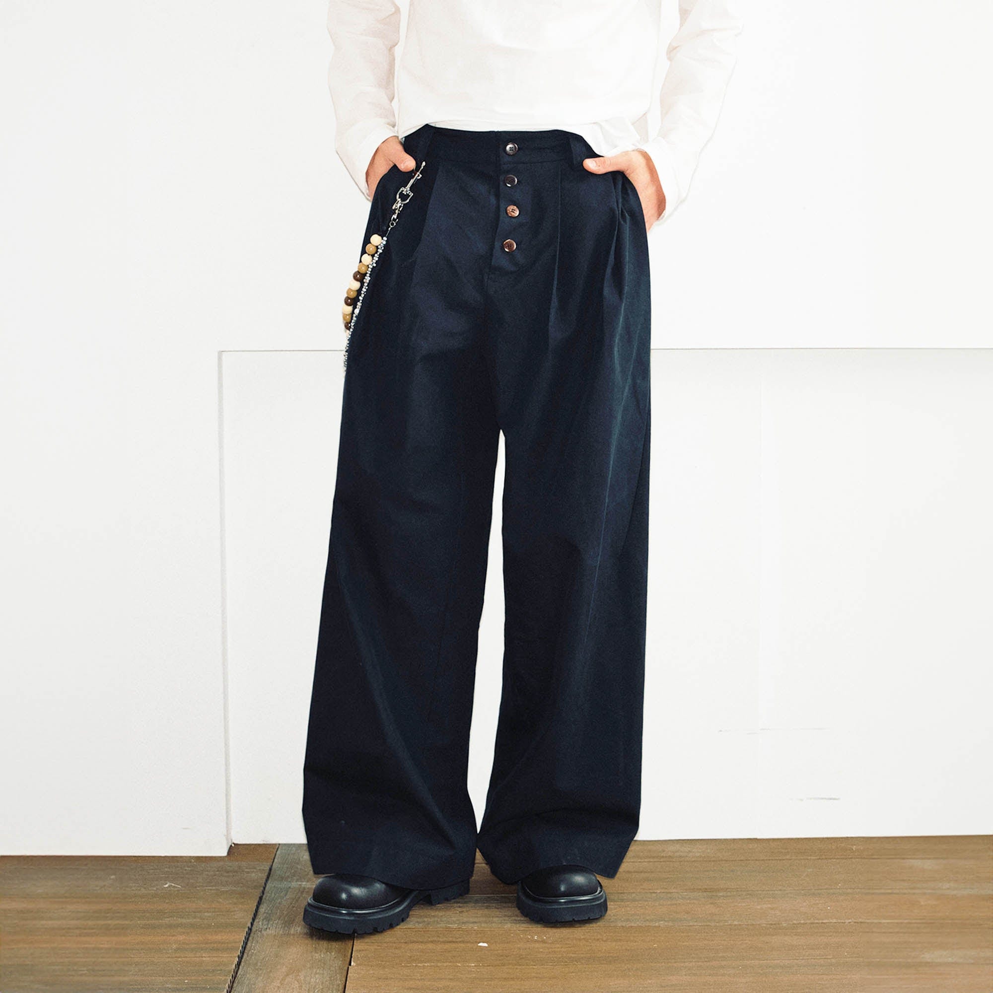 Wide-Leg Navy Trousers with Button Fly