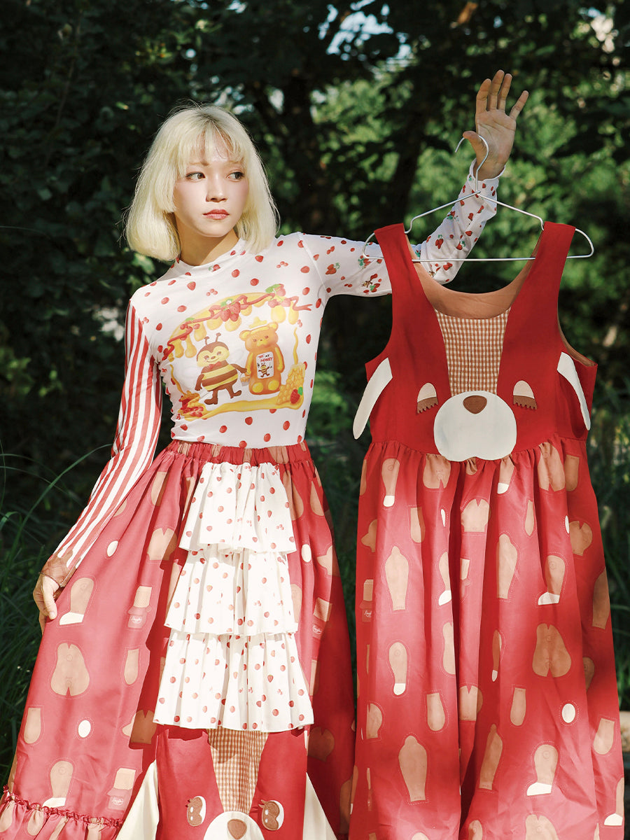 Honey Bee Strawberry Print Mesh Top