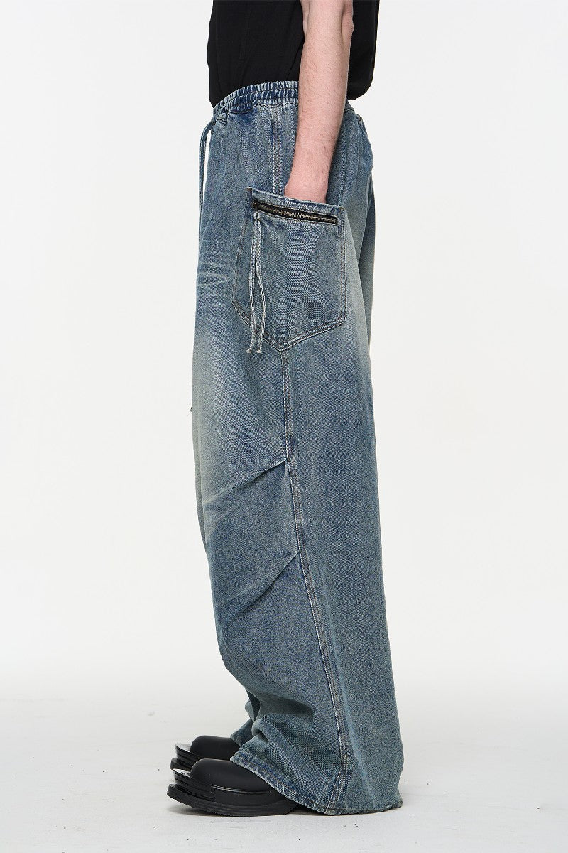 Washed Pleated Elastic Waist Jeans - chiclara