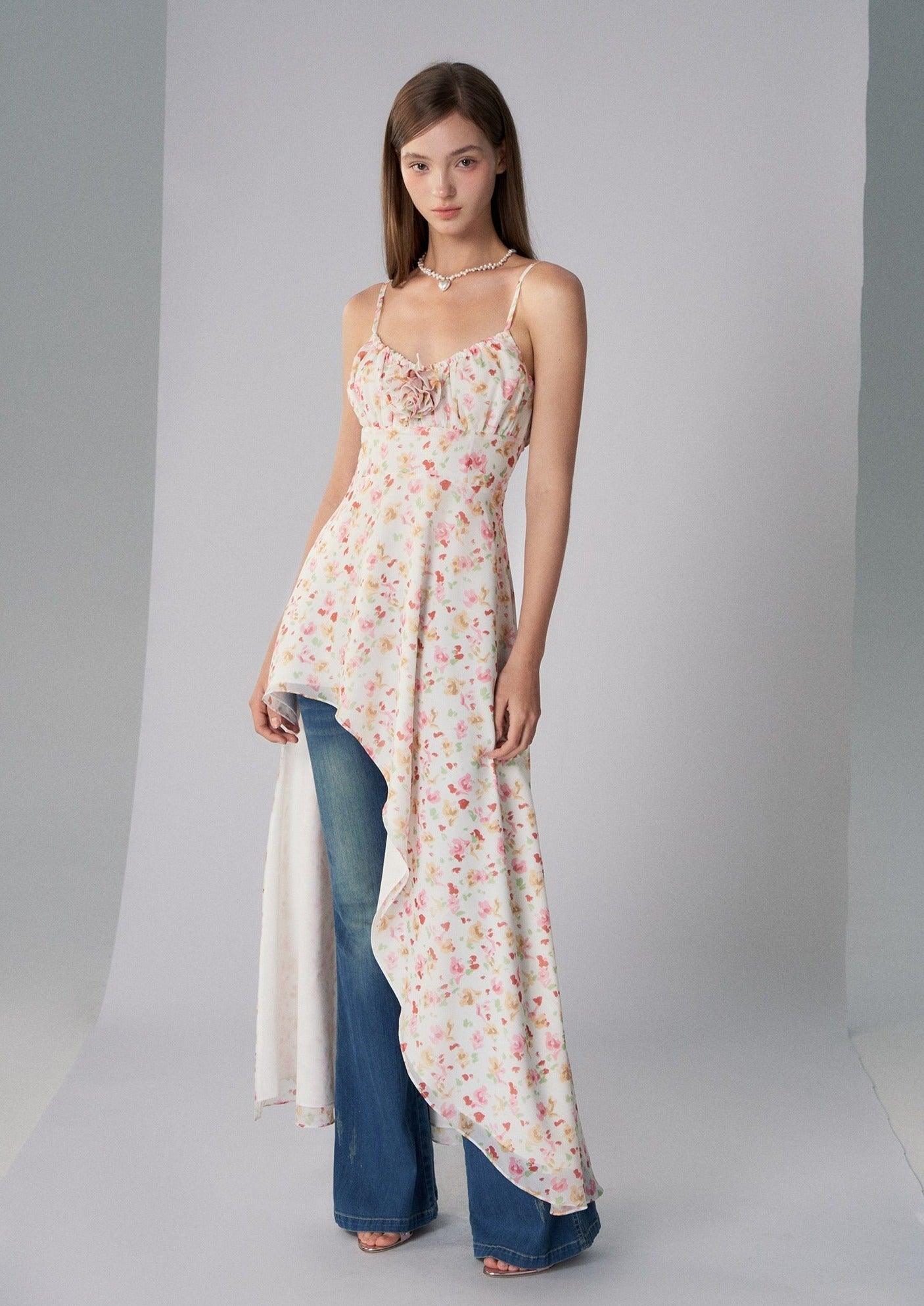 Diagonal Split Hem Floral Maxi Dress