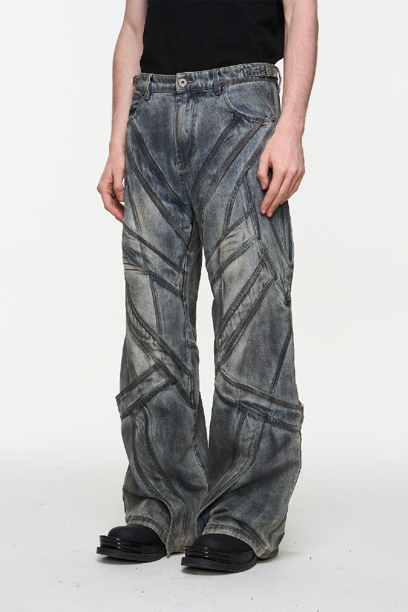 Paneled Washed Distressed Loose Jeans - chiclara