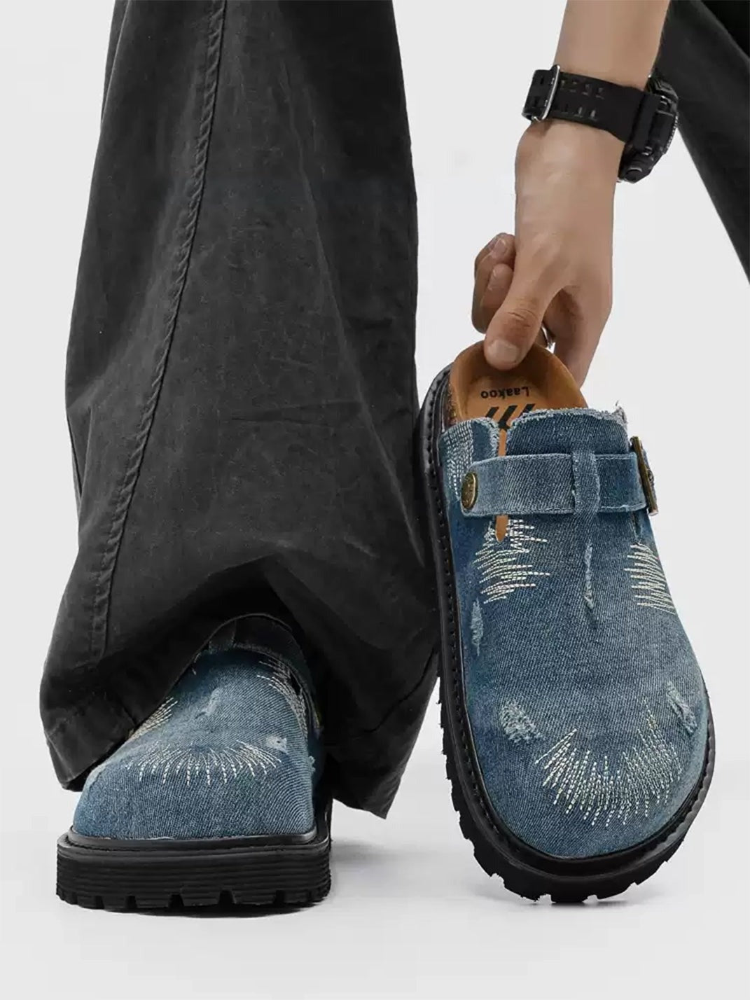 Distressed Denim Stitch Detail Buckle Strap Platform Mule Clogs image 3