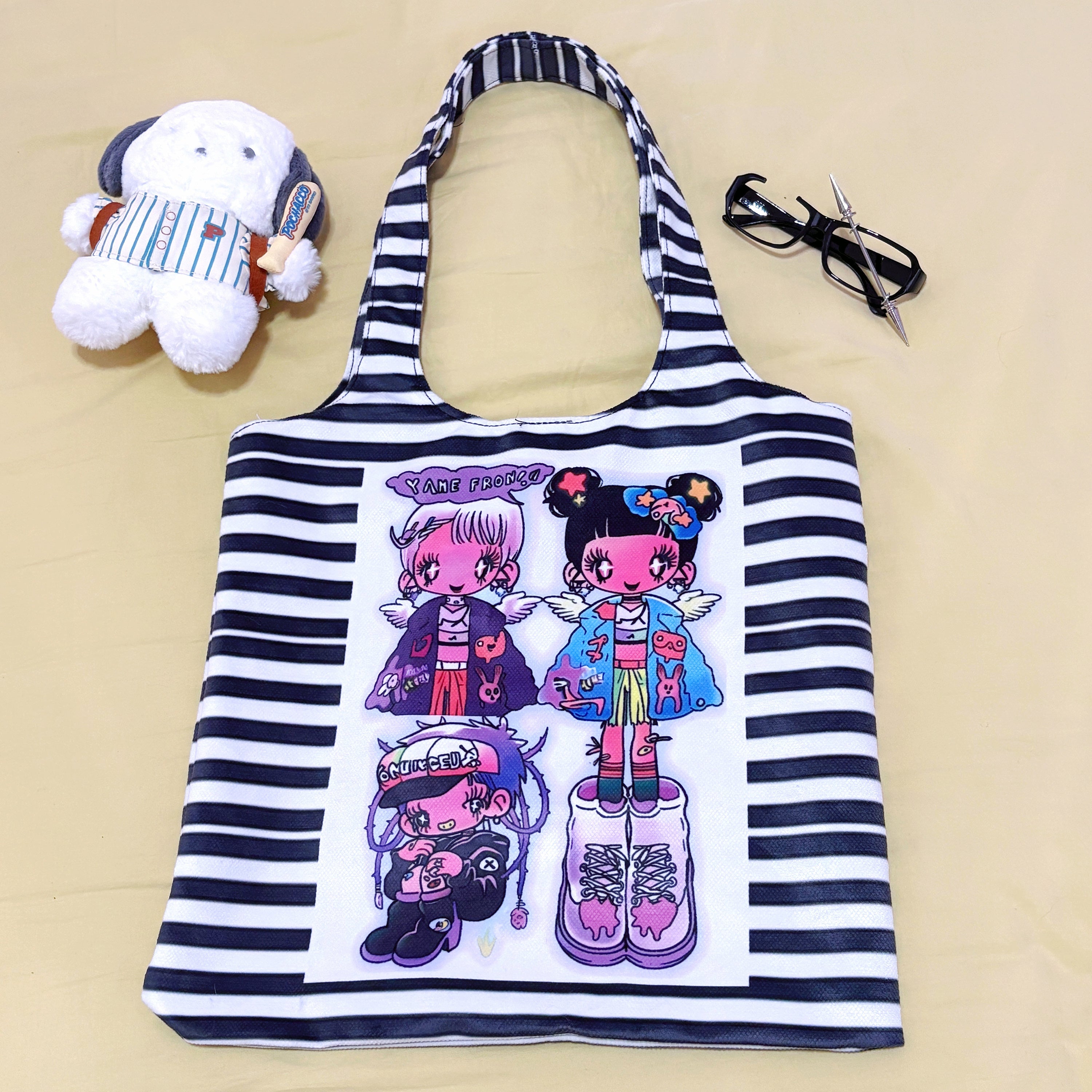 Striped Kawaii Print Canvas Tote Bag