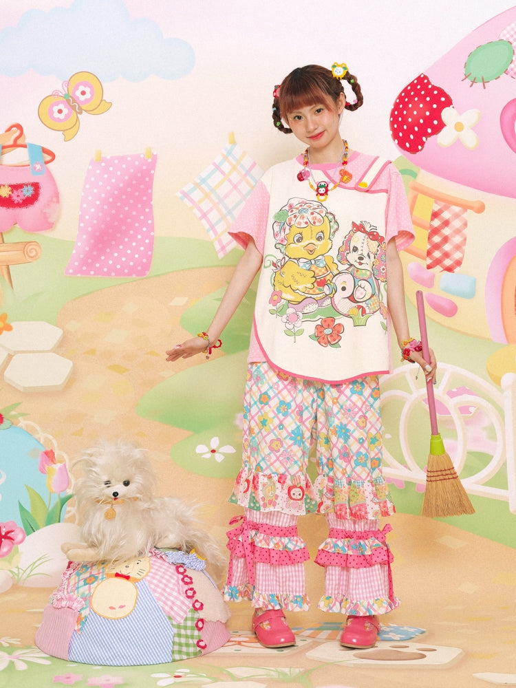 Sweet Floral Ruffle Layered Pants
