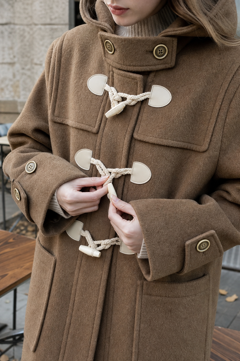Winter Thicken College Style Hooded Mid-Length Melton Wool Coat showcase 3