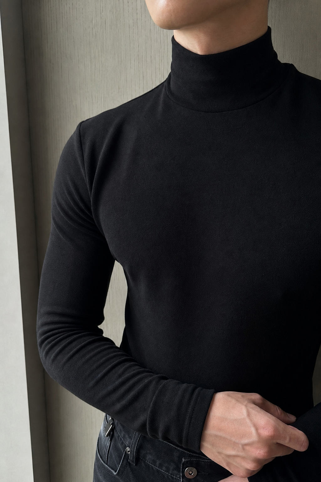 Black Mock Neck Long Sleeve Fitted Top showcase 3