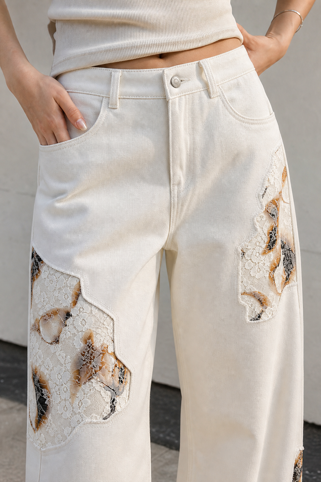 Mixed Lace Panel Denim Pants showcase 3