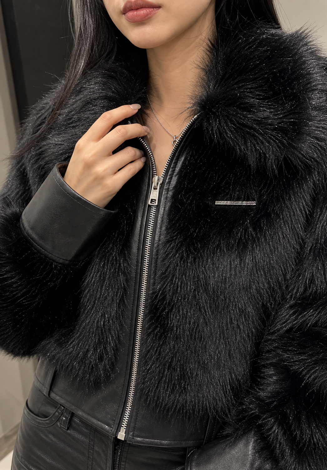 Black Faux Fur Bomber Jacket showcase 3