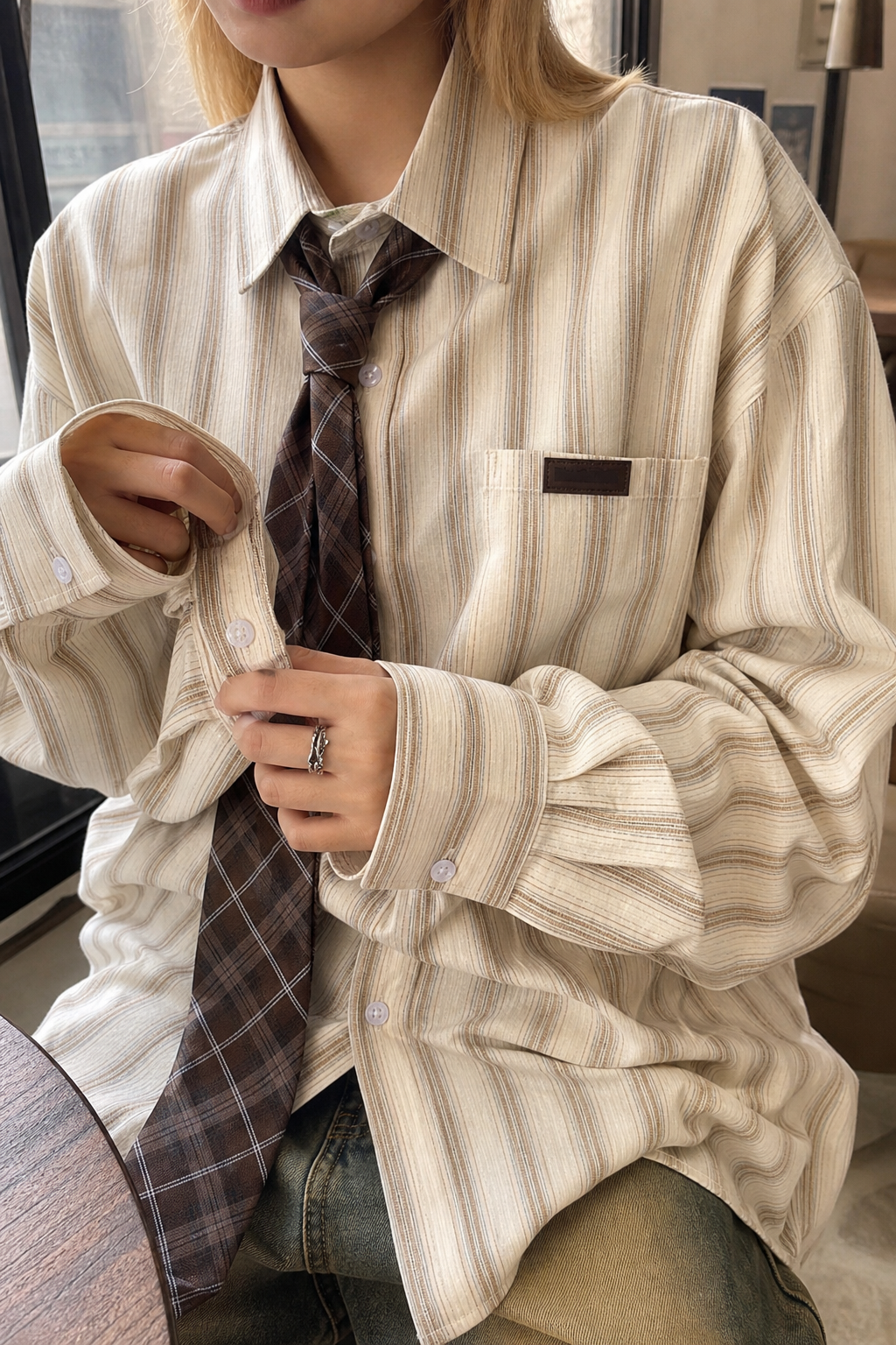 Oversized Striped Button-Up Long Sleeve Shirt showcase 3