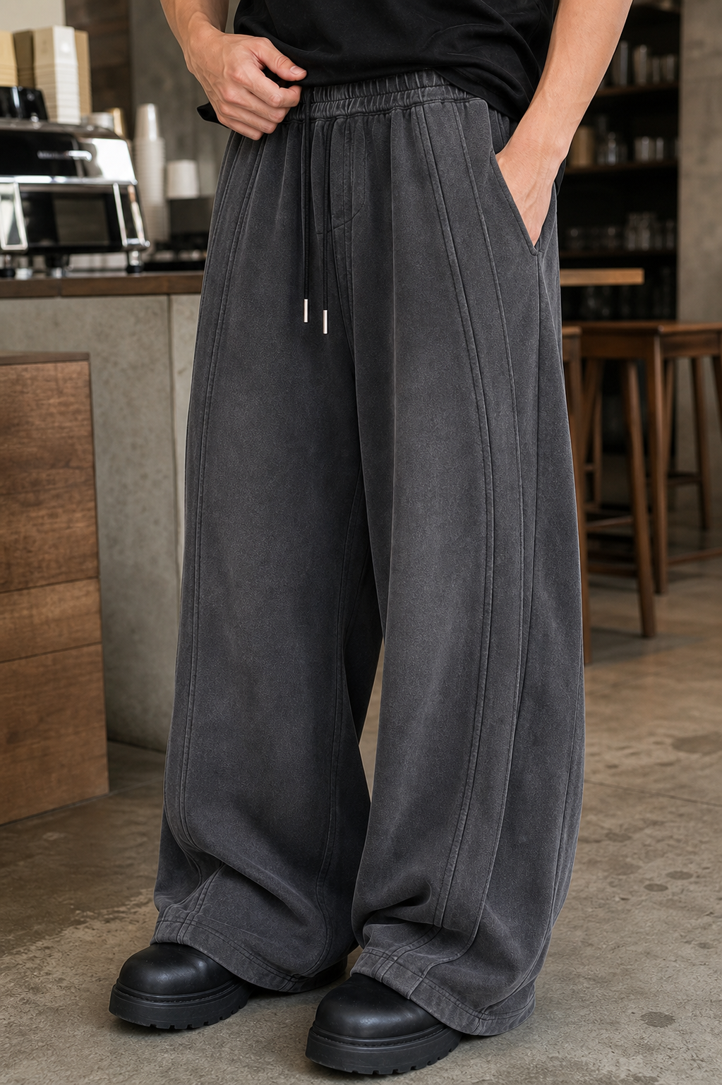 Wide-Leg Washed Drawstring Pants showcase 3