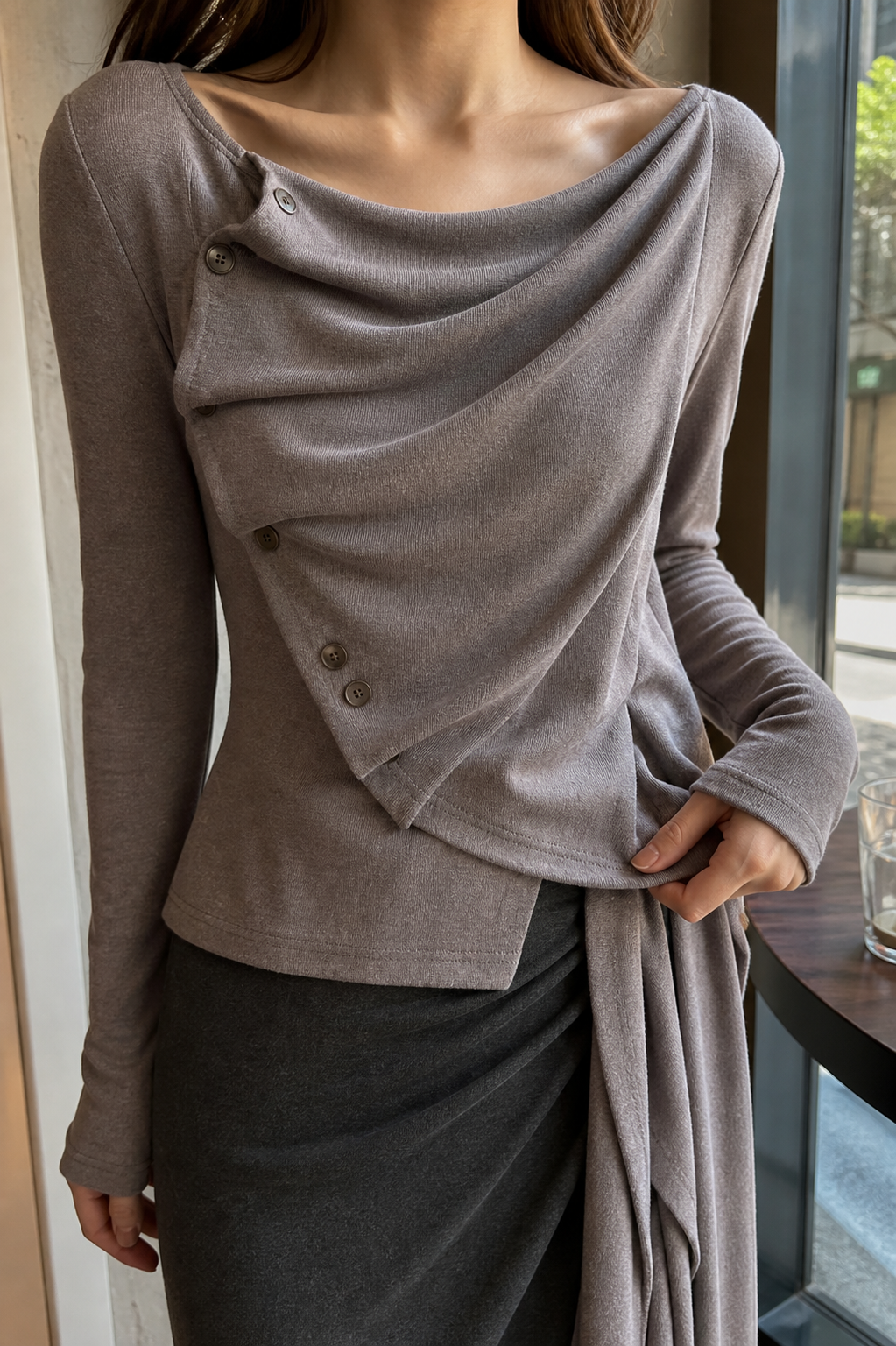 Taupe Draped Asymmetric Tie Top showcase 3