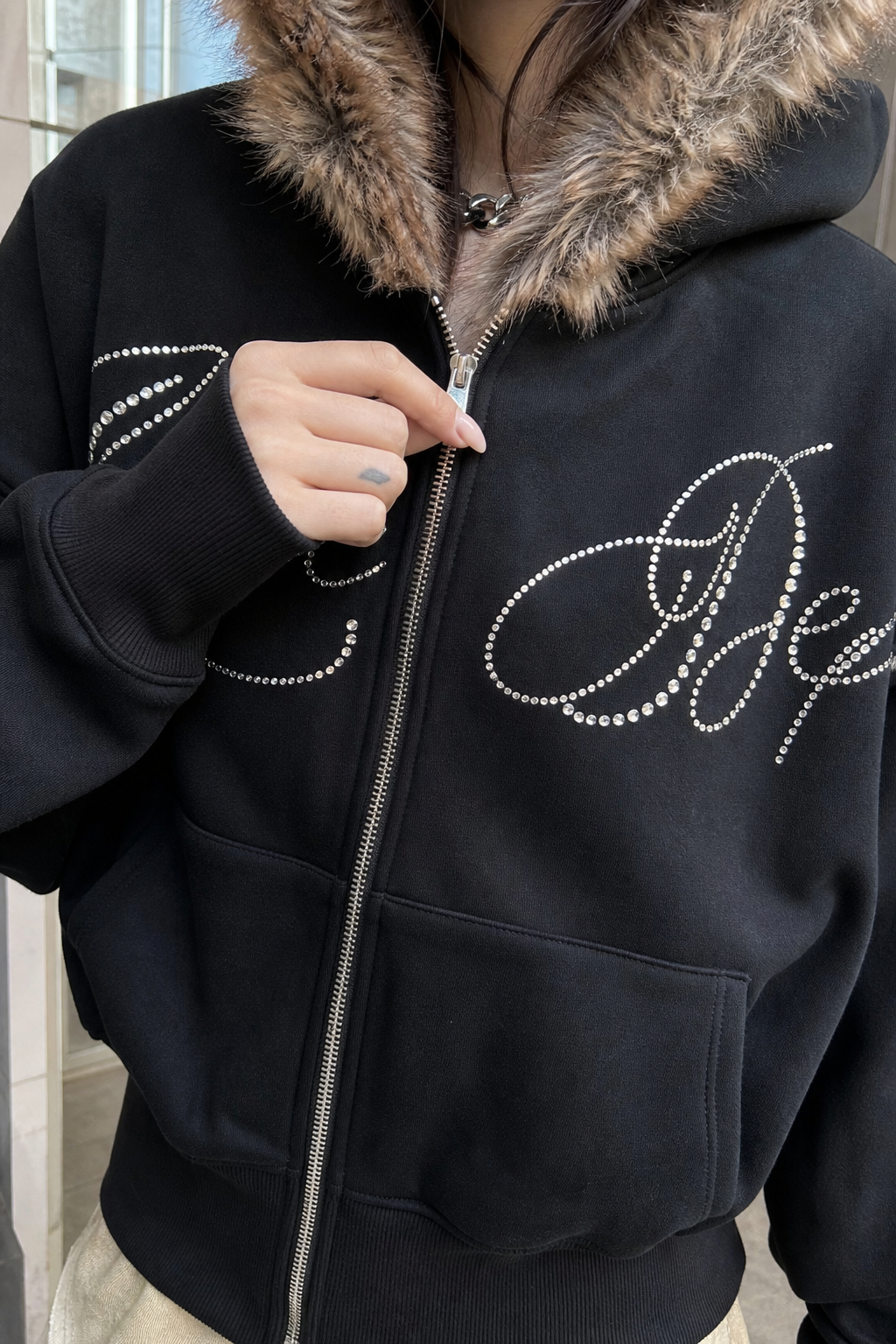 Men's Faux-Fur Hooded Rhinestone Letter Zip-Up Hoodie showcase 3