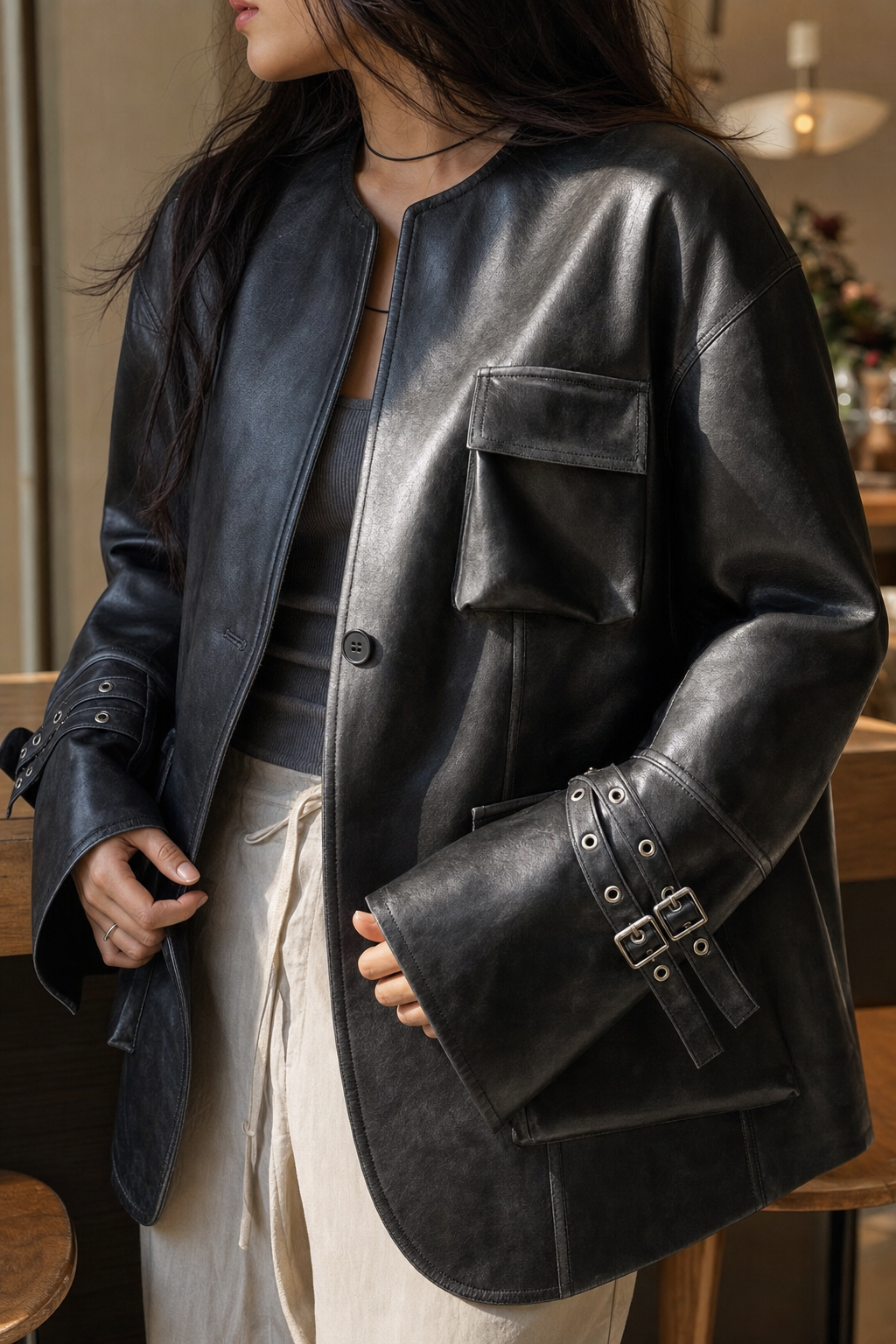 Vintage Pu Leather 3D Pocket No-Collar Jacket showcase 3
