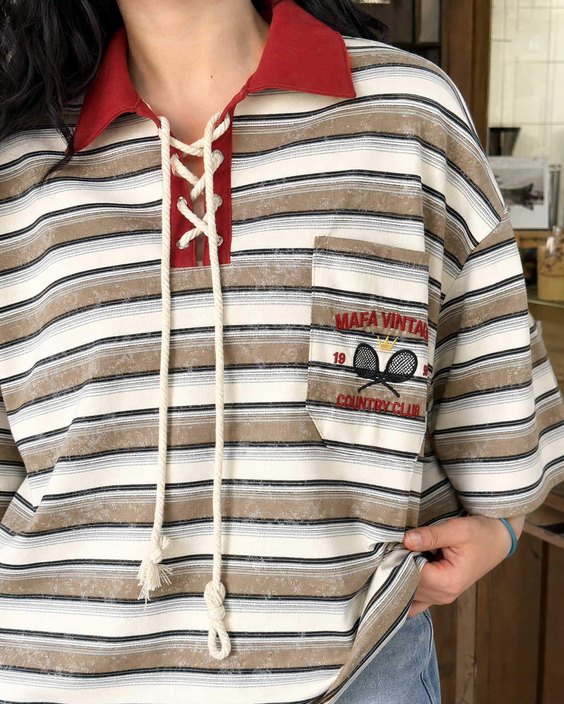 Striped Lace-Up Collar Rugby Shirt showcase 3