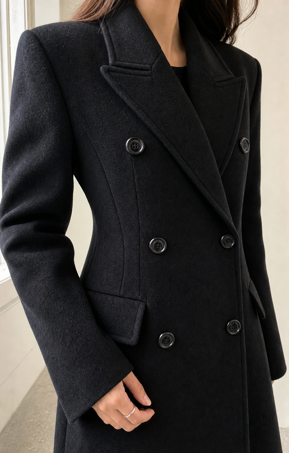 Double-Breasted Wool Long Coat - Slim Waist Tailored Winter Outerwear showcase 3