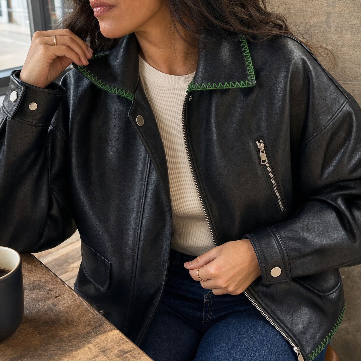 Black Leather Jacket , Loose Slimming Biker Style Pu Jacket showcase 3