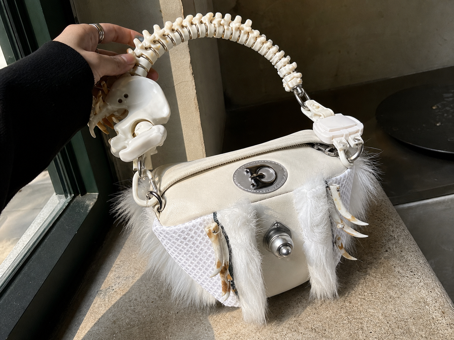 Faux Bone Handle White Fur Bag showcase 3