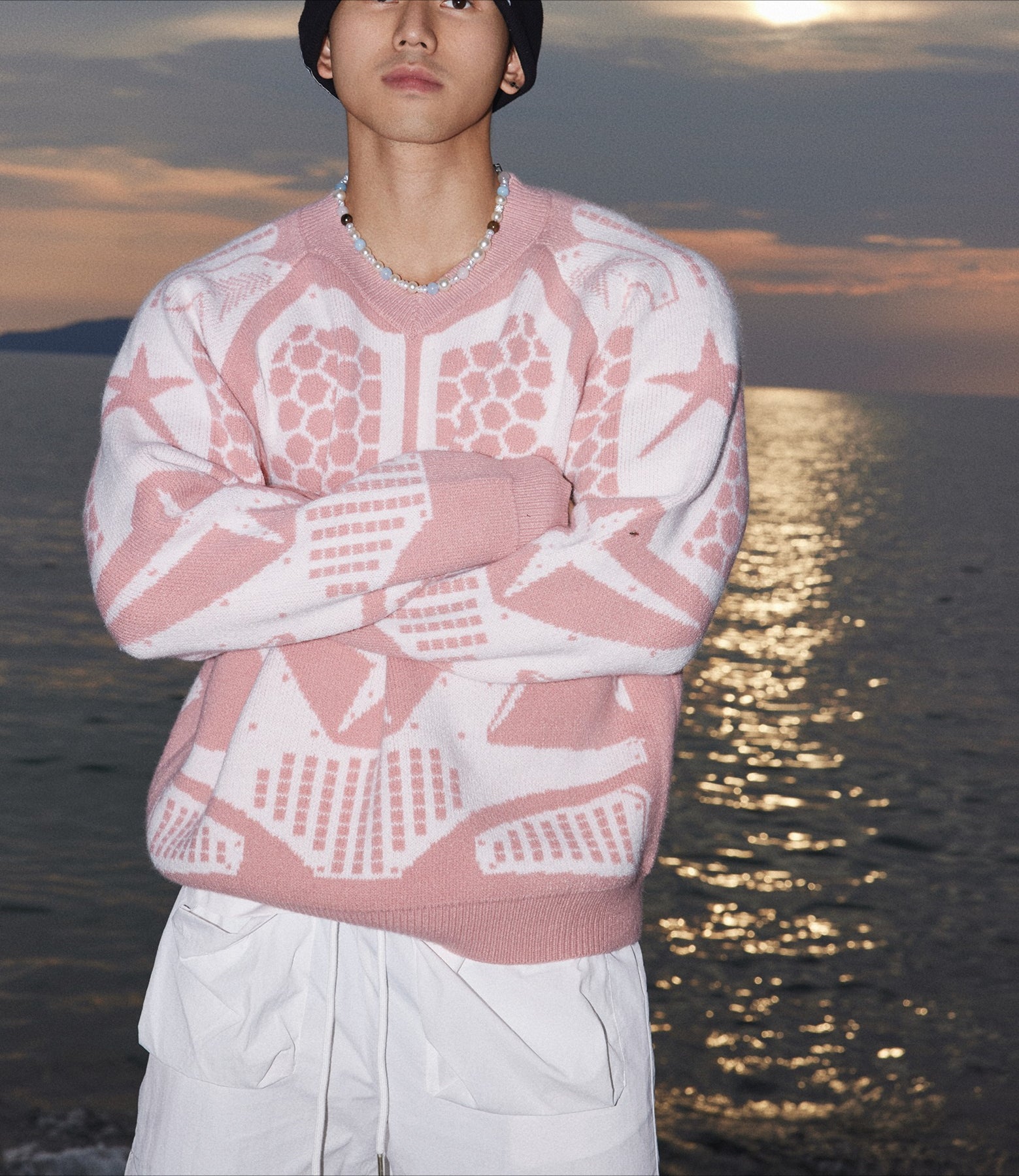 Pink and White Star Pattern Knit Sweater