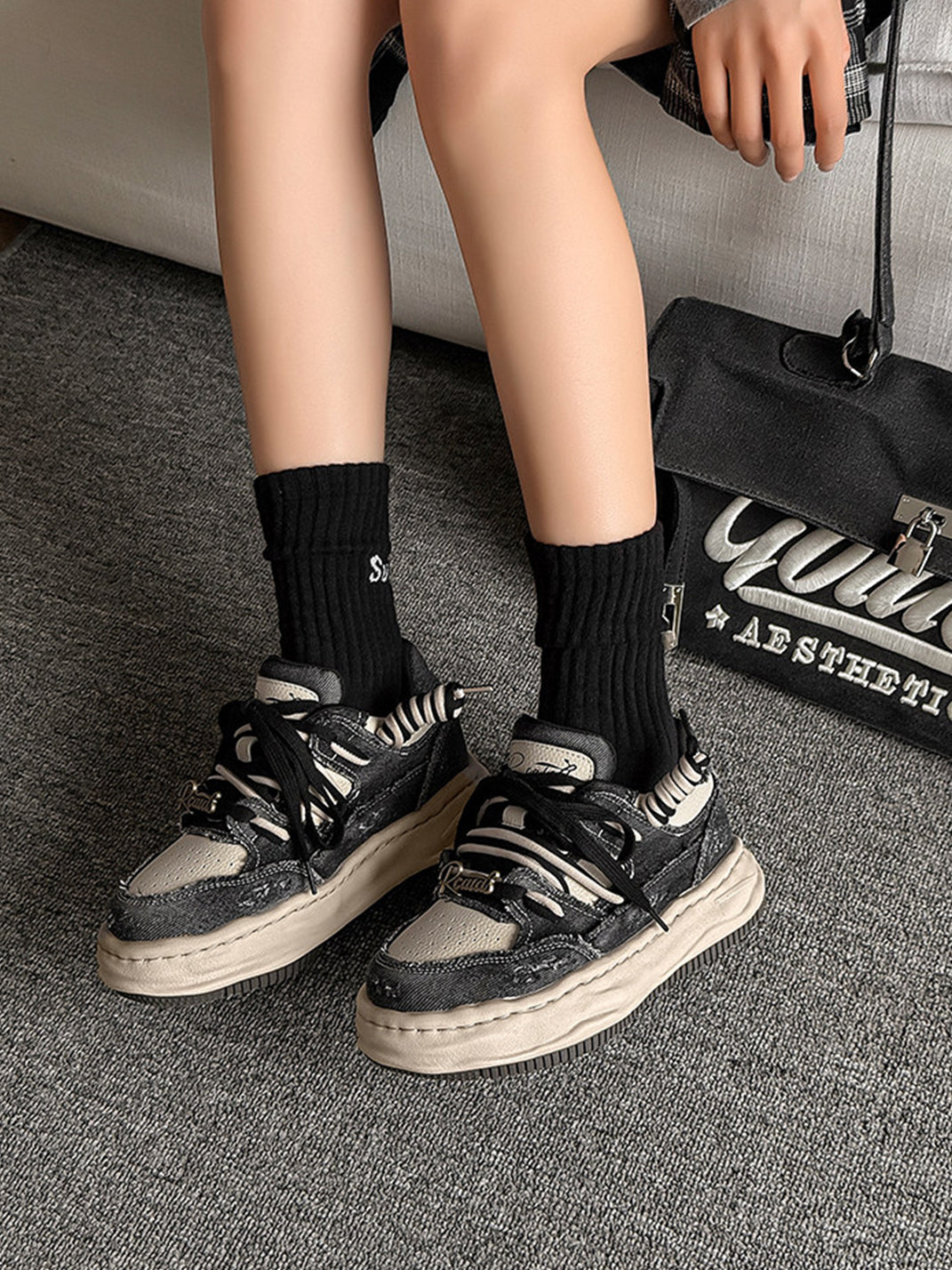 Retro Distressed Denim Wavy Sole Sneakers