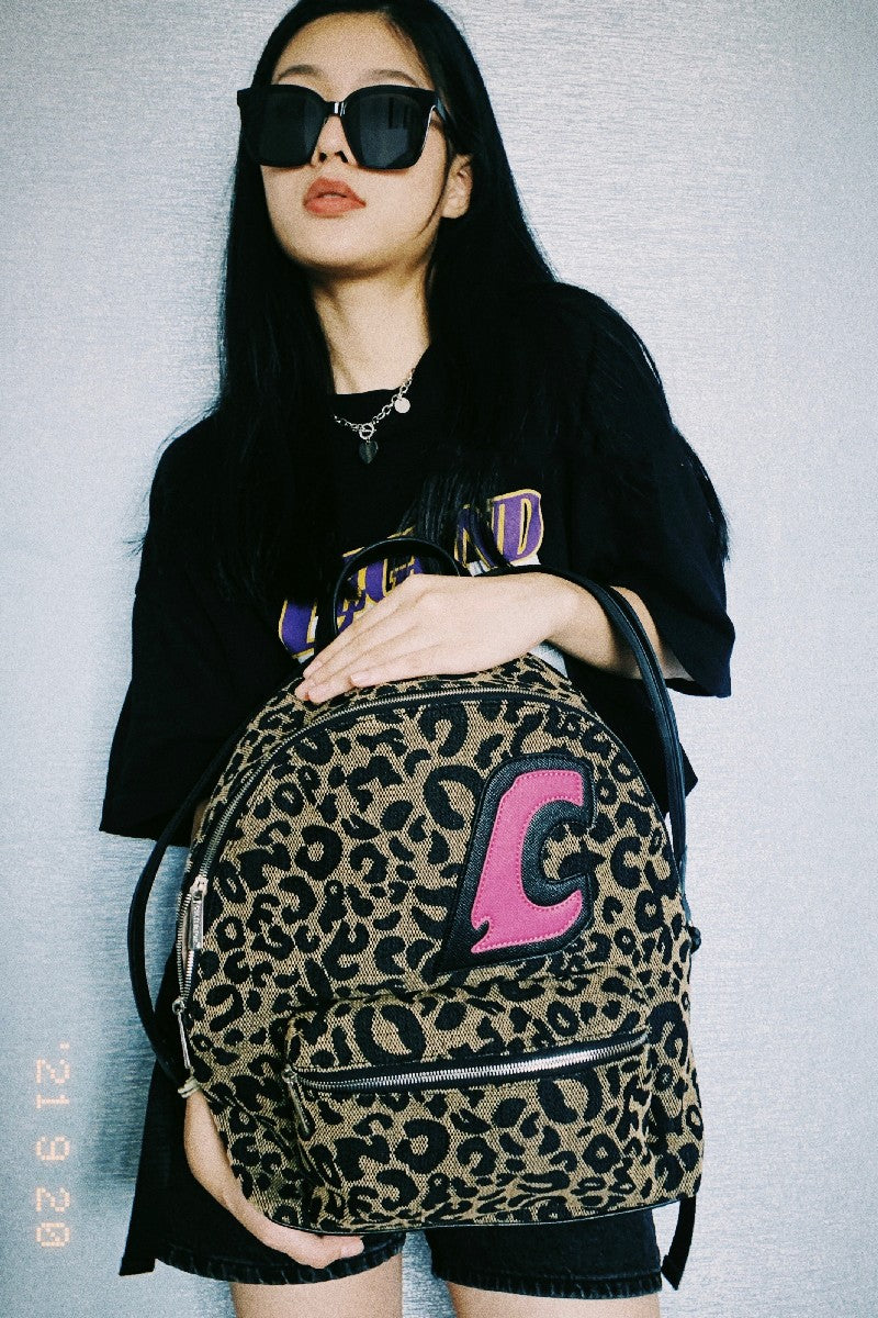 Leopard Print Pink Logo Canvas Backpack