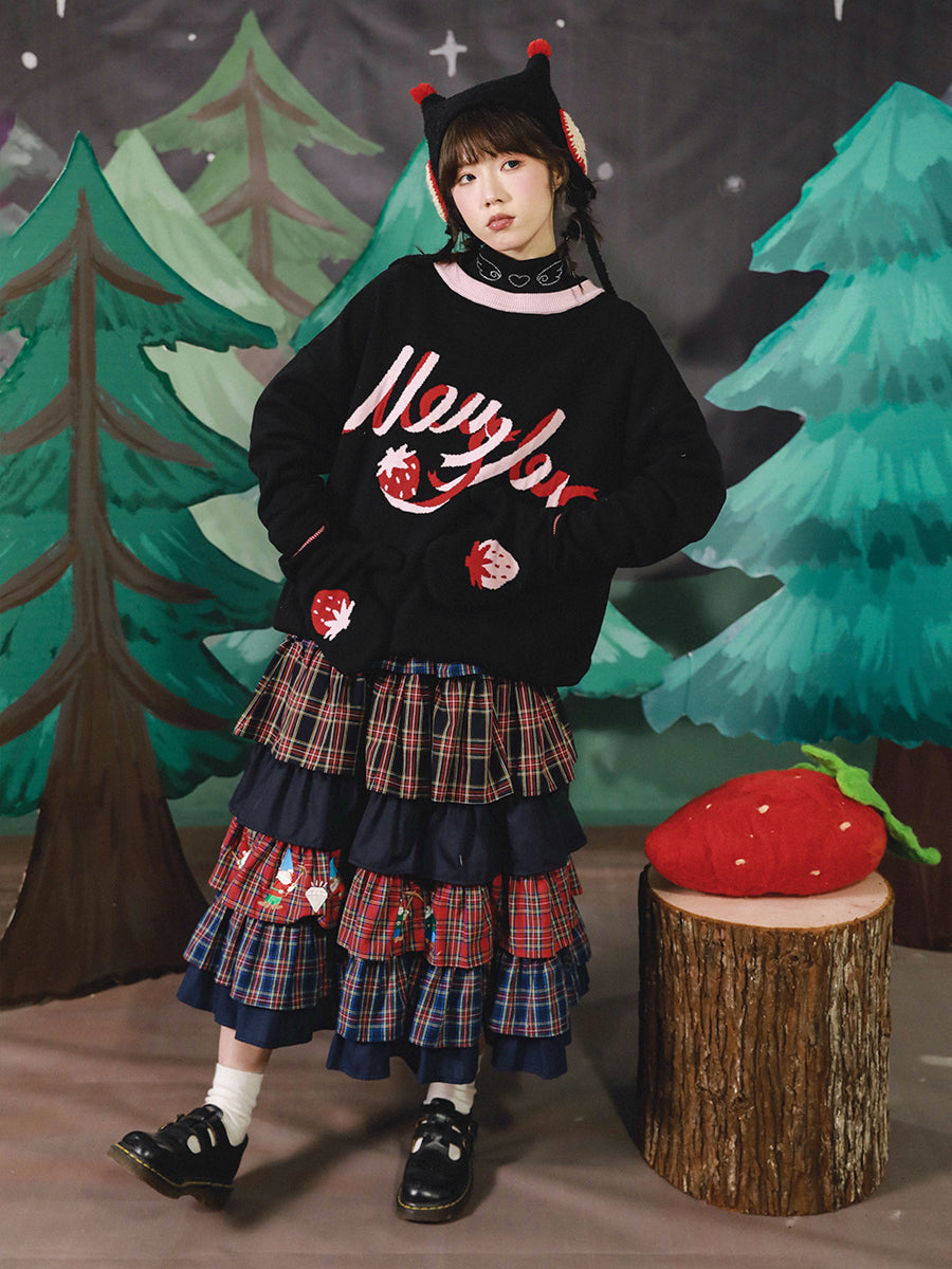 Plaid Gnome Print Tiered Ruffle Skirt