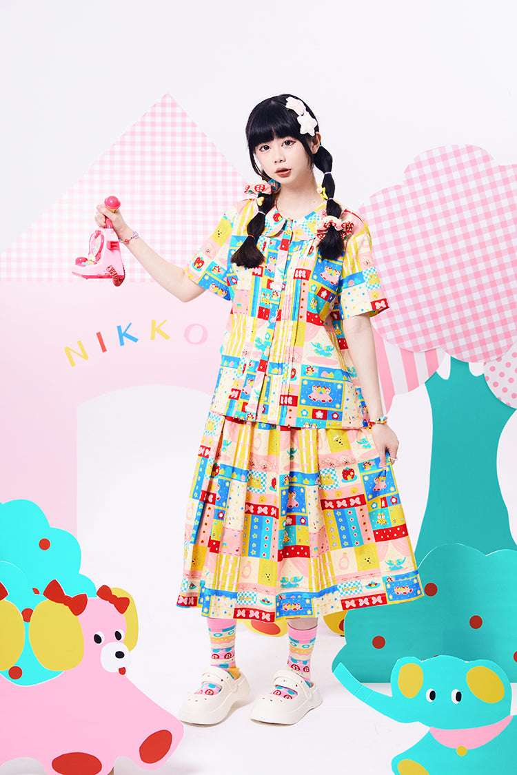 Sweet Patchwork Printed Cotton Midi Skirt