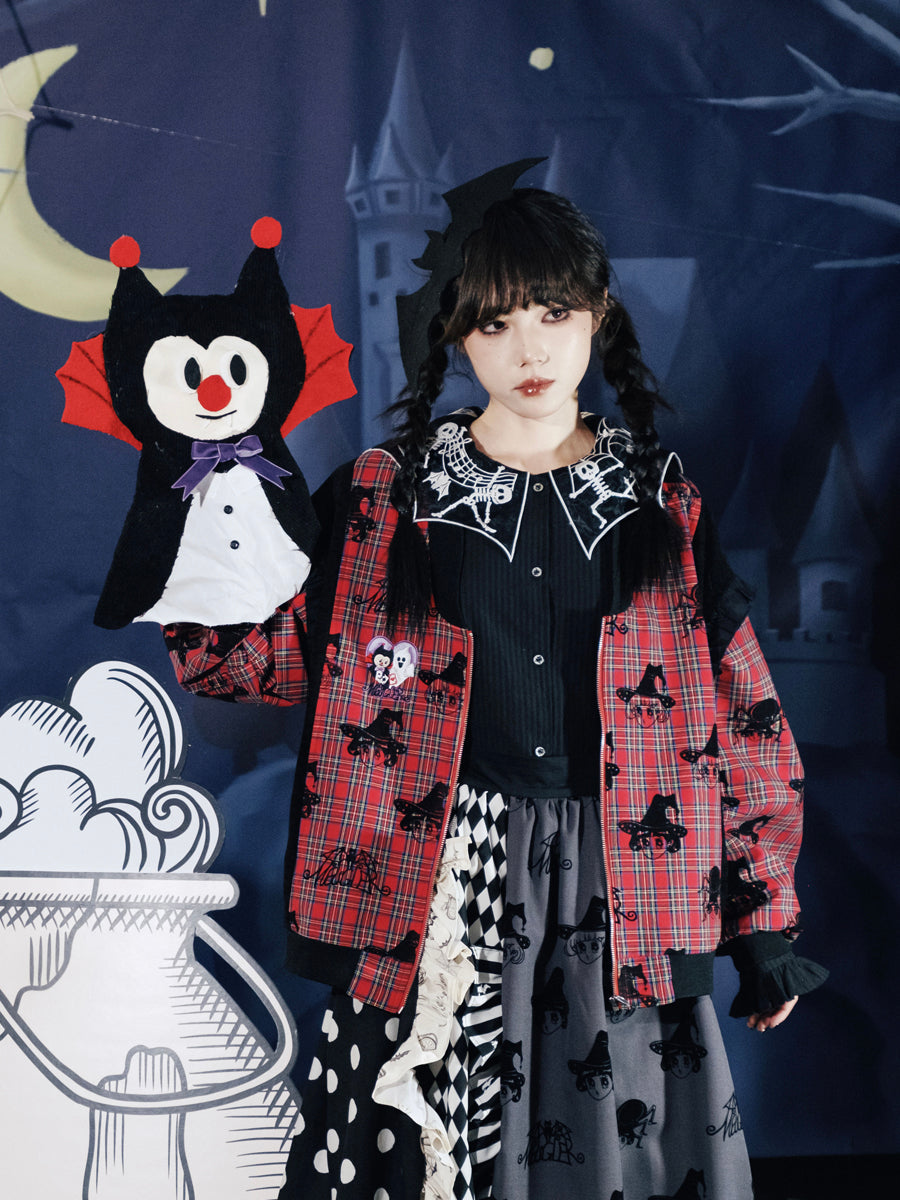 Witch Print Plaid Puff Sleeve Jacket