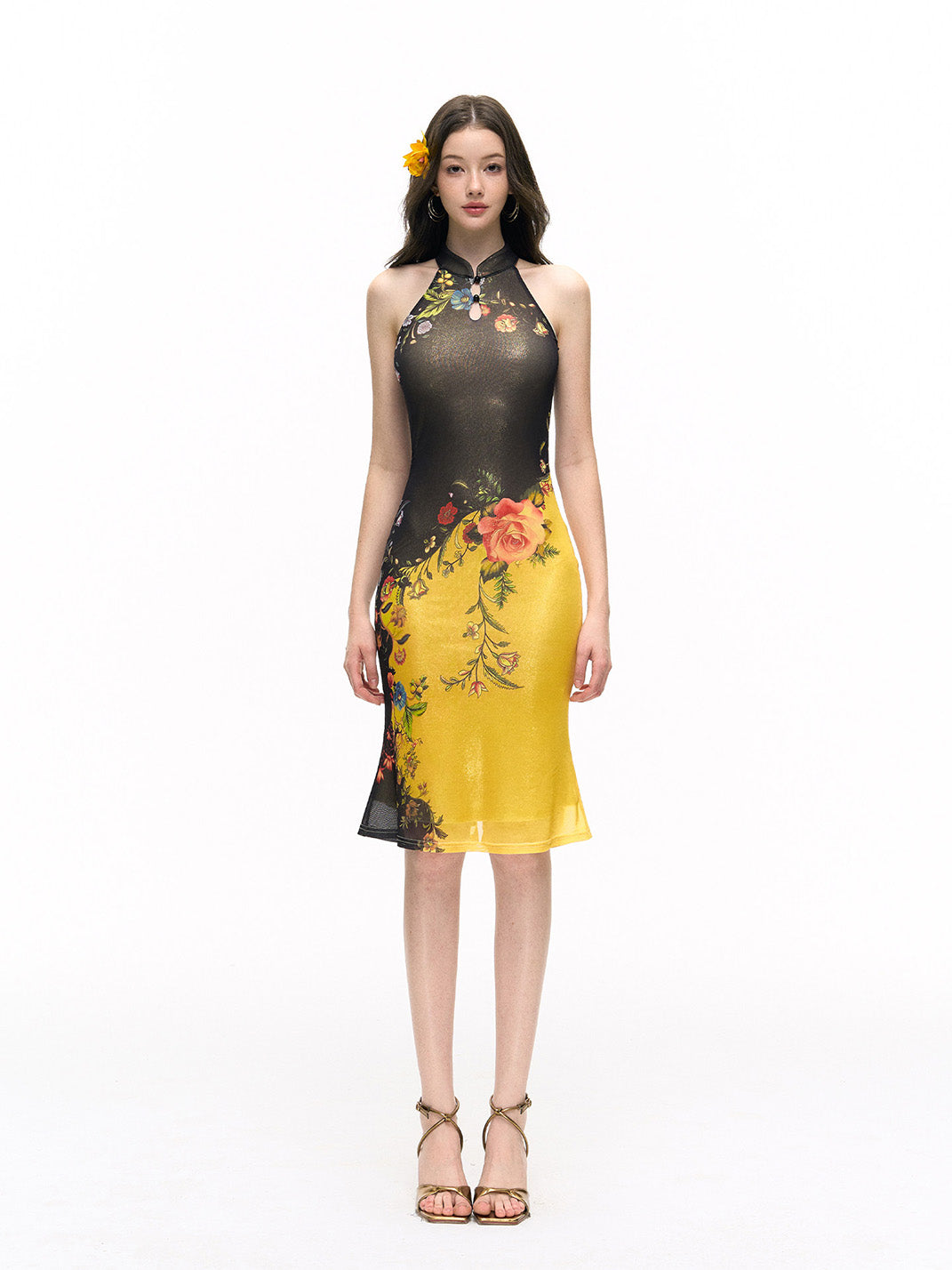 Gold Foil Halter Slim-Fit Dress