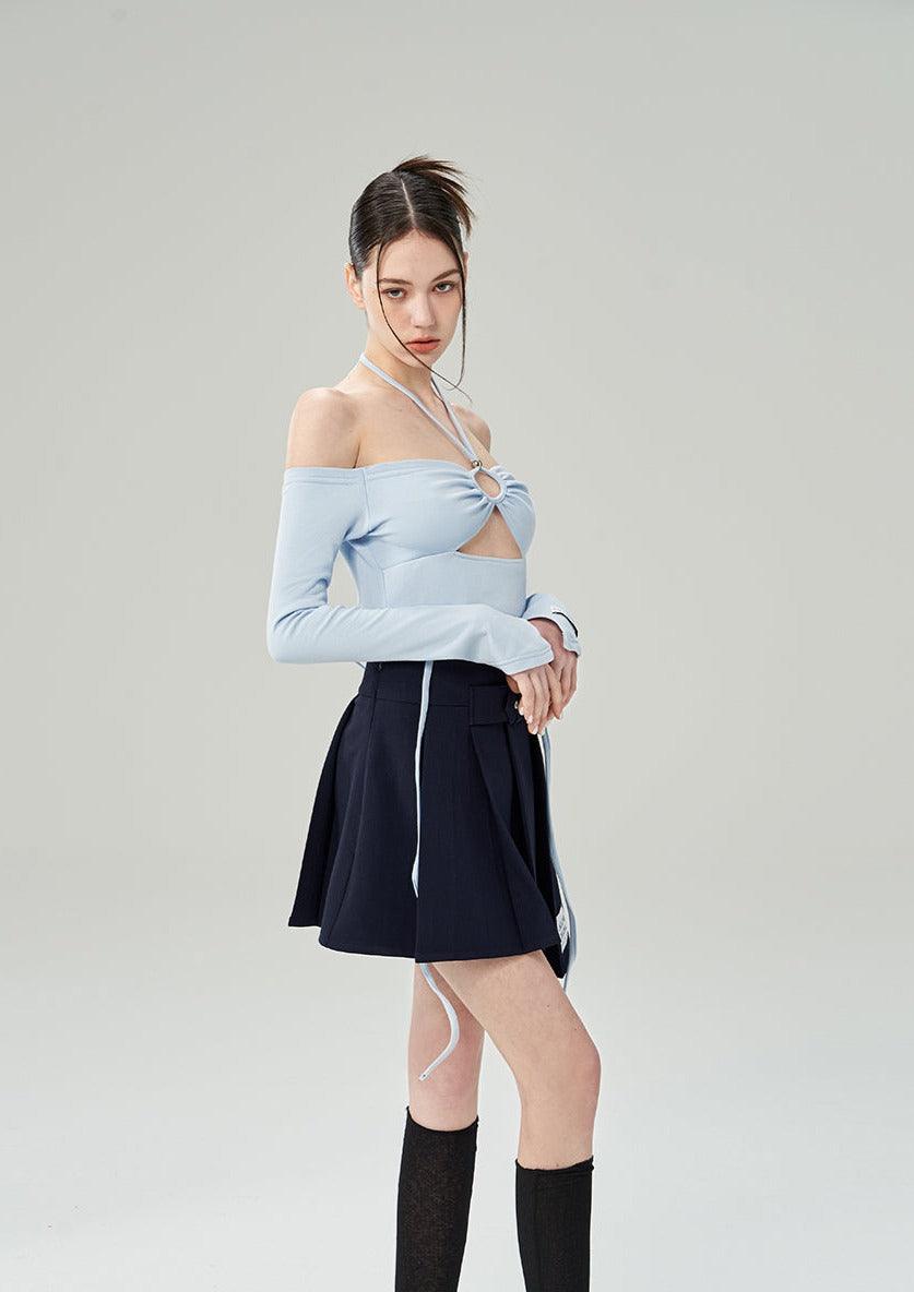 Off Shoulder Long Sleeve Ribbon Halter Neck Top