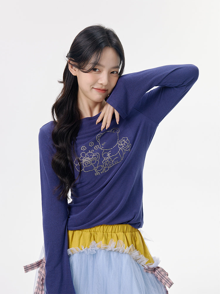 Rhinestone Bear Navy Bell Sleeve Top