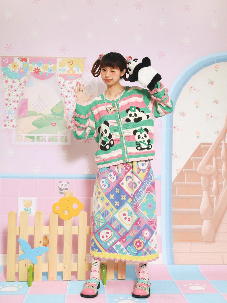 Kawaii Panda Stripe Knit Button Cardigan