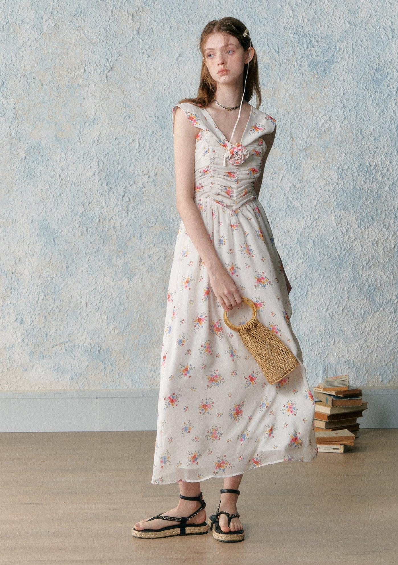 Retro Sleeveless Floral Pleating Wrap Dress